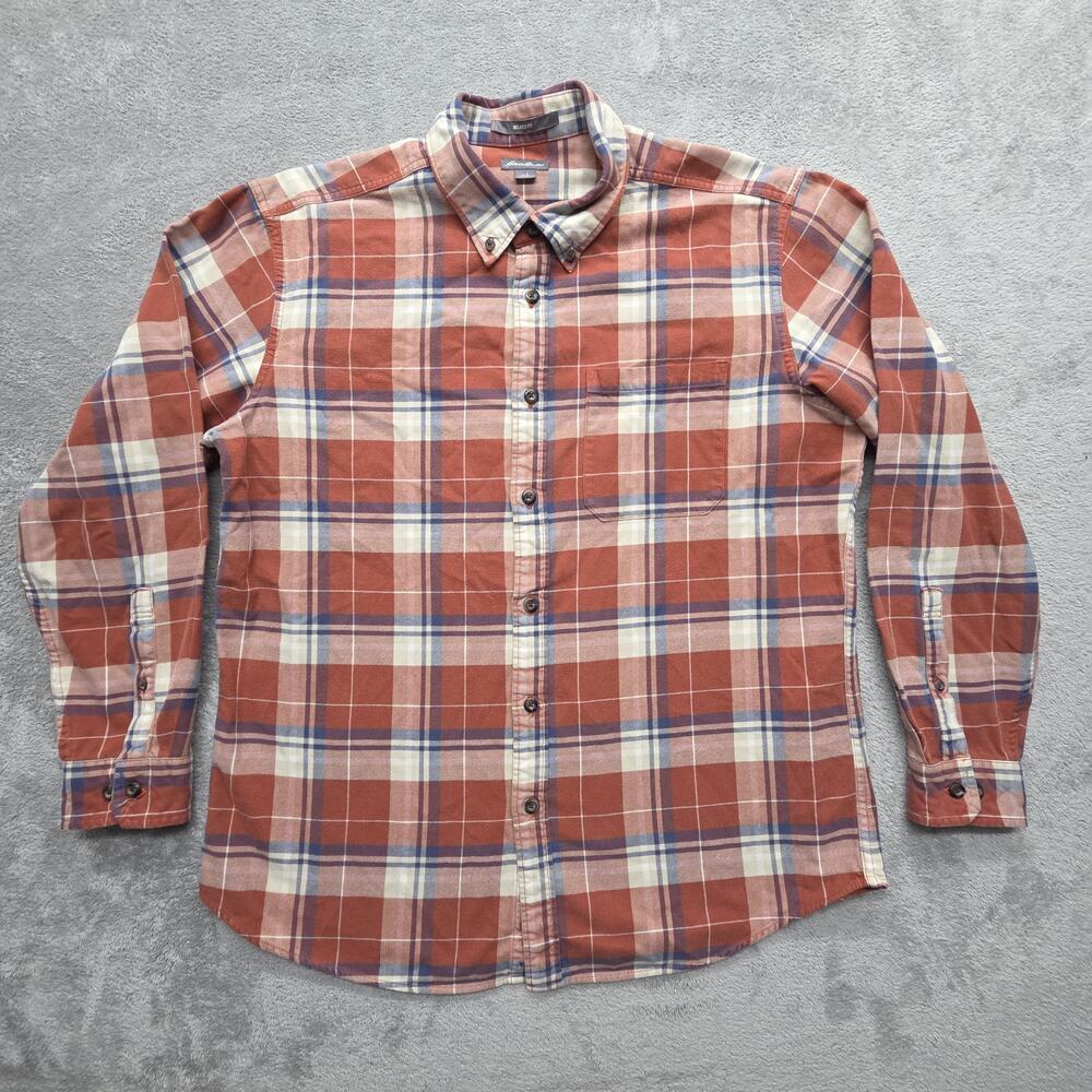 Eddie Bauer Shirt Mens L Red Plaid Flannel Long Sleeve Button Up Relaxed Fit